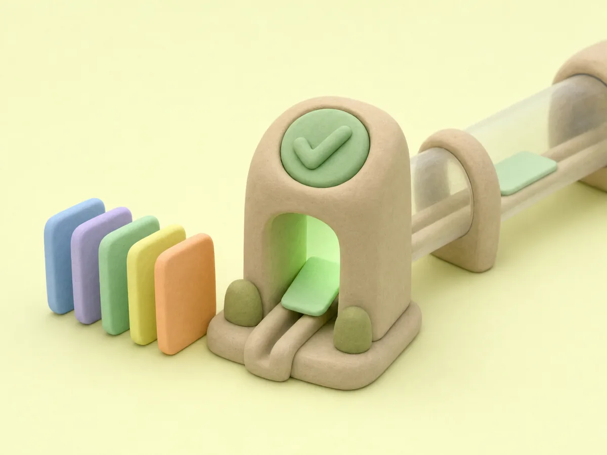 A row of clay cards waits at a rounded clay gate with a green check button; the one passing through glows green.