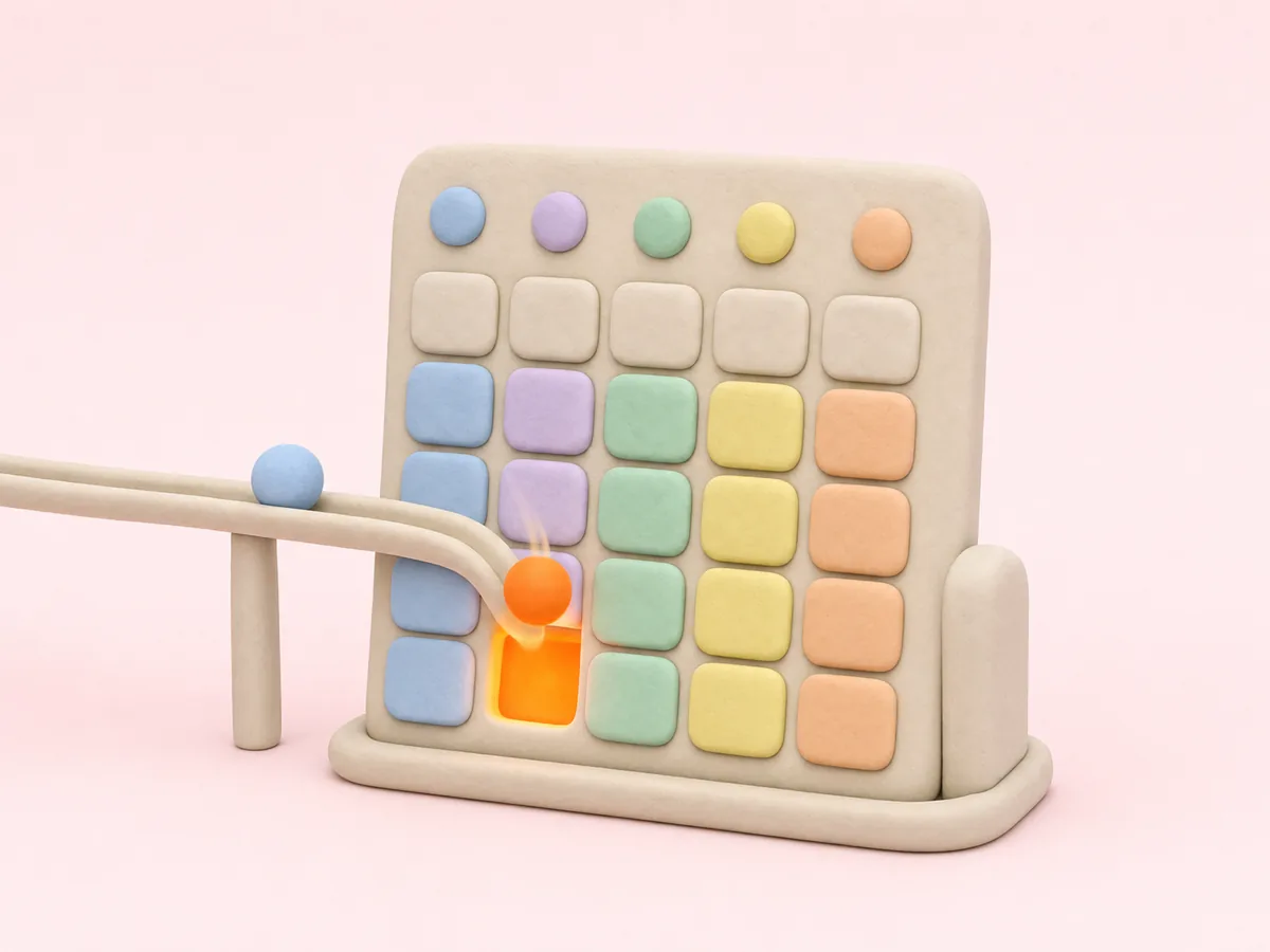 A clay week calendar of pastel blocks; a glowing sphere drops into one block, which lights up orange.