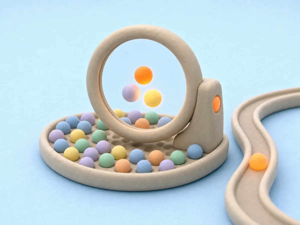 A clay ring lens hovers over a tray of pastel clay spheres; three of them float up and glow, one warm orange.