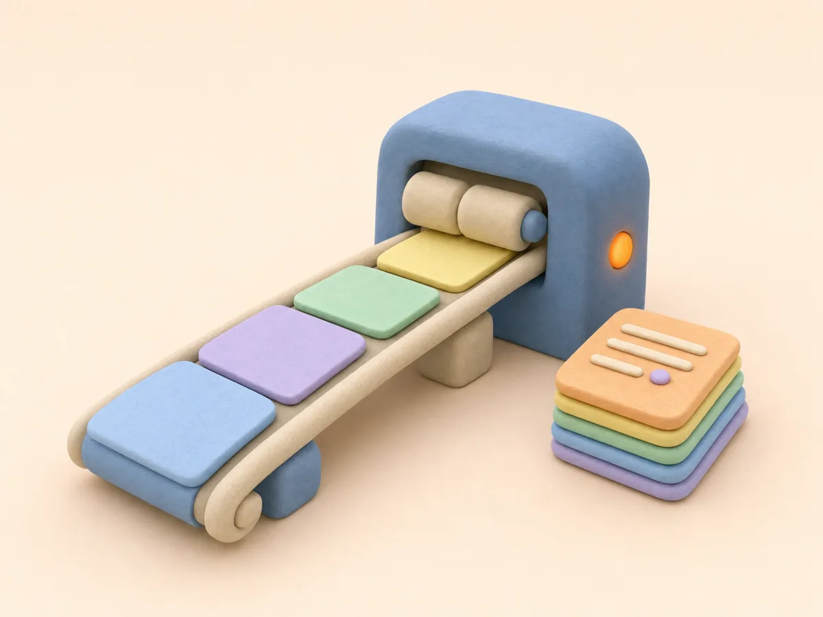 Flat clay cards ride a conveyor under two soft rollers and come out with raised lines, stacking up on the right.